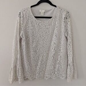 Adrienne Vittadini Women's Lacey Top LARGE Boho Festival Fairy Flare Sleeve Gray